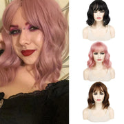 Water Wave Ripple Short Curly Hair With Bangs Fluffy Wig Headcovers, Color: Chestnut Color