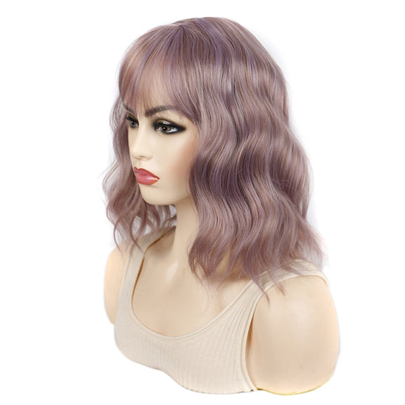 Water Wave Ripple Short Curly Hair With Bangs Fluffy Wig Headcovers, Color: Pink