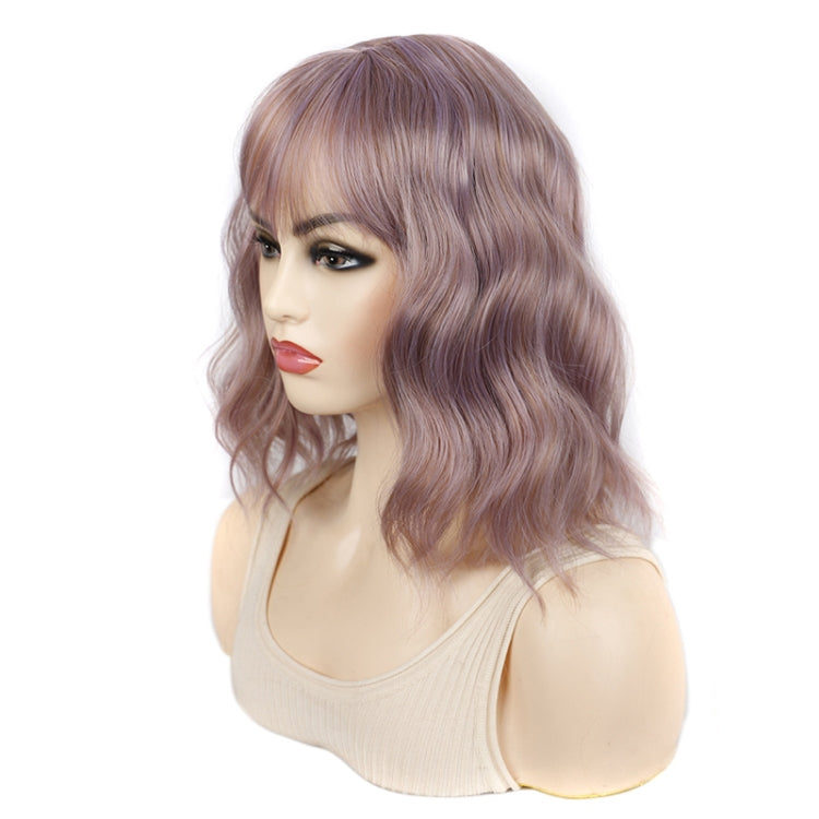 Water Wave Ripple Short Curly Hair With Bangs Fluffy Wig Headcovers, Color: Pink