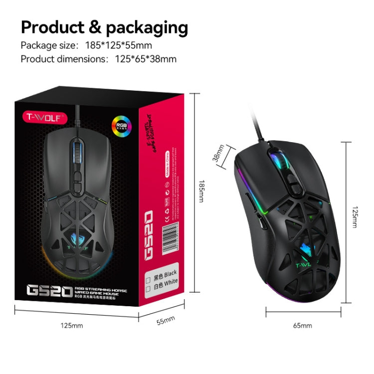 T-WOLF G520 7-keys RGB Marquee Honeycomb Hollow Gaming Wired Mouse(White) - Wired Mice by T-WOLF | Online Shopping South Africa | PMC Jewellery | Buy Now Pay Later Mobicred