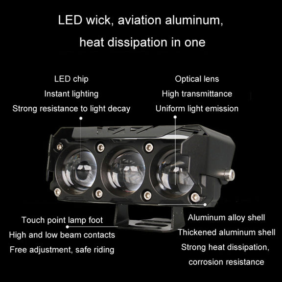 35W Motorcycle Spotlight Dual Color LED Headlight Triple Eye Water-resistant Headlight, Model: Straight Bright-Near Yellow+Far White (3 Wires)