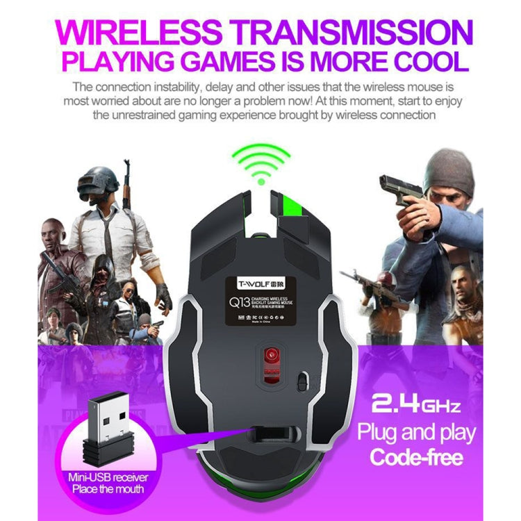 T-WOLF Q13 2.4GHz 6-keys RGB Colorful Light Gaming Wireless Mouse, Color: Single Mode White
