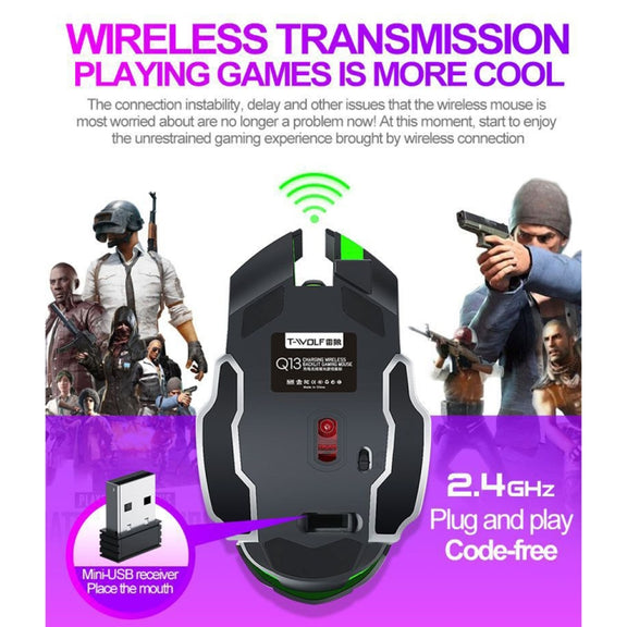 T-WOLF Q13 2.4GHz 6-keys RGB Colorful Light Gaming Wireless Mouse, Color: Single Mode Gray