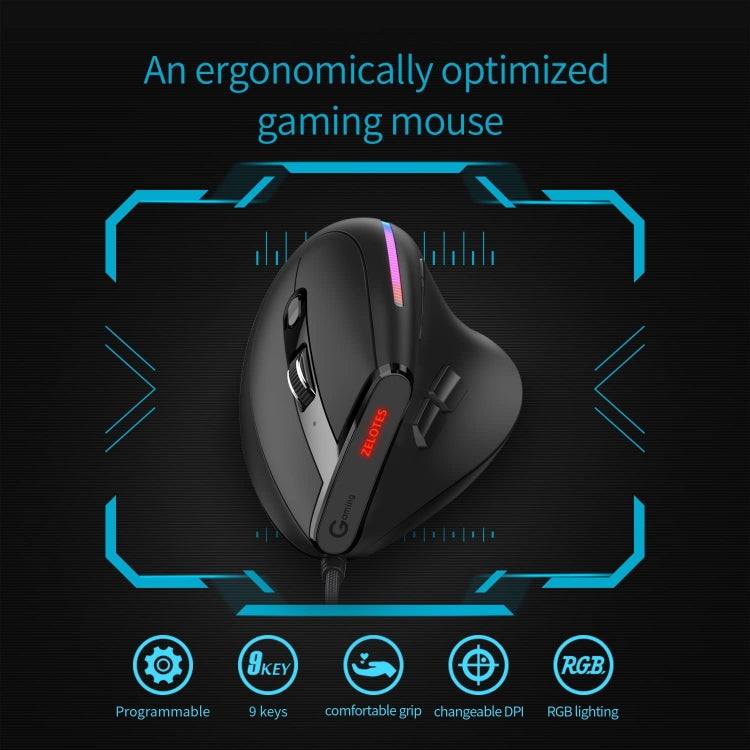 ZELOTES T50 9-Keys RGB Lighting Effect Vertical Grip Ergonomic Programming Wired Mouse(Black) - free shipping - PMC Jewellery - Order now!