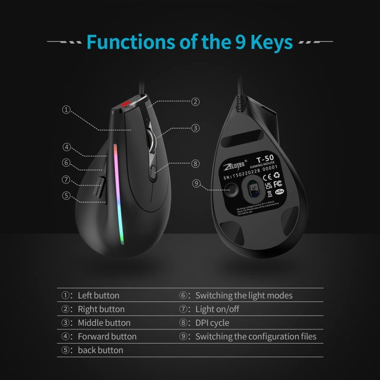 ZELOTES T50 9-Keys RGB Lighting Effect Vertical Grip Ergonomic Programming Wired Mouse(Black) - free shipping - PMC Jewellery - Order now!