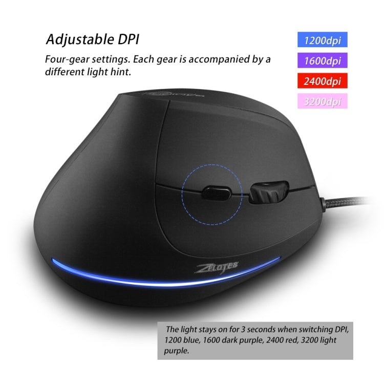 ZELOTES T20 6-Keys Vertical Grip Ergonomic Laptop Wired Mouse(Black)