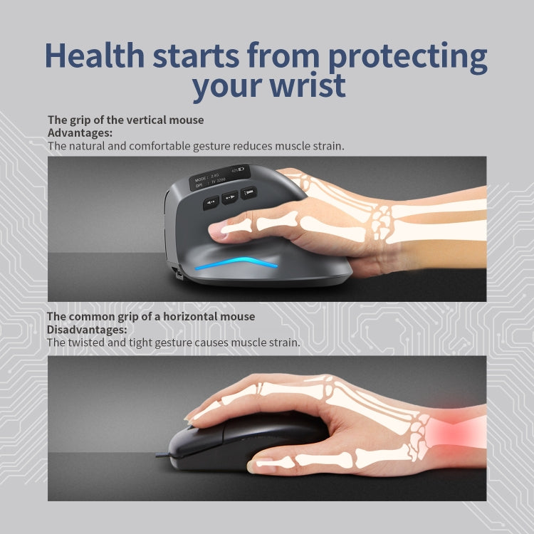 ZELOTES F-26C 8-Keys 2.4G+Bluetooth Dual-Mode LED Display Vertical Grip Wireless Mouse(Gray) - free shipping - PMC TechLife - Order now!