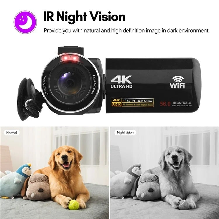 4K  Digital Video Camera 3 Inch IPS Touch Screen 56MP 18X Digital Zoom WiFi Camcorder, Spec: Set 1 - Video Cameras by PMC TechLife | Online Shopping South Africa | PMC TechLife | Buy Now Pay Later Mobicred