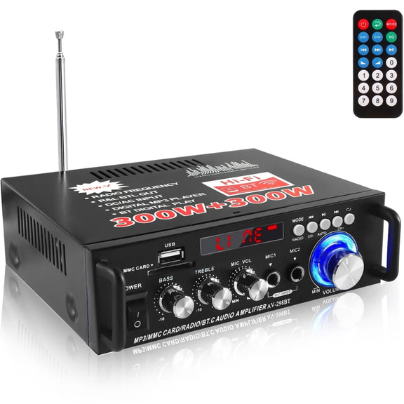 AV-298BT 300W+300W Hi-Fi Stereo Amplifier Bluetooth Home Audio Karaoke Digital Amplifier UK Plug