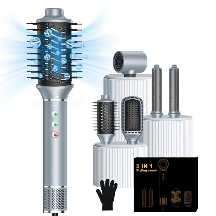 5 in 1 Hot Air Comb Automatic Curling Negative Ion Hair Dryer, Color: Gray US Plug
