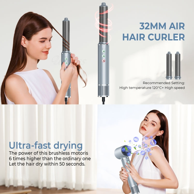 5 in 1 Hot Air Comb Automatic Curling Negative Ion Hair Dryer, Color: Gray US Plug