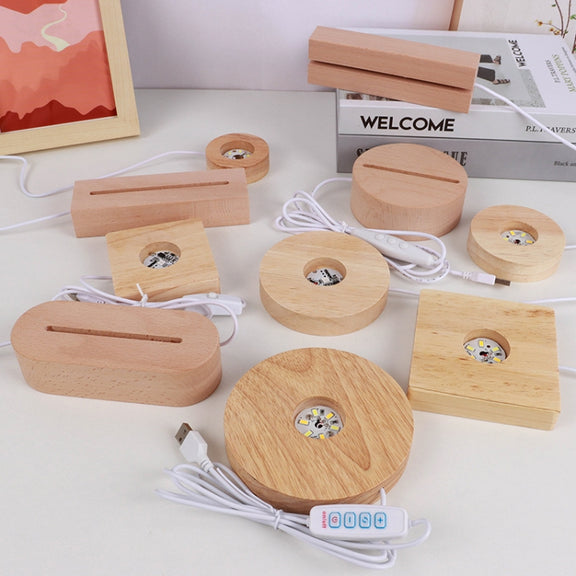 LED Light Solid Wood Luminous Base for Resin Art Acrylic Glass Lights Round 6x2cm(Three-color Light)
