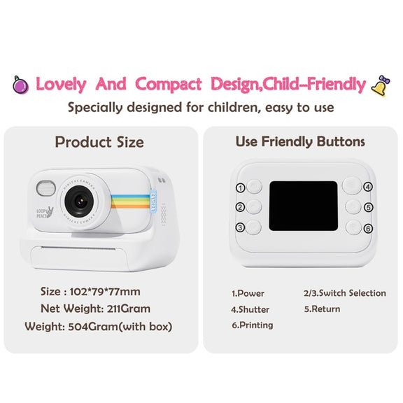 2.0-Inch LED Flash 1080P HD Recording Photo Printing Camera With 3-Rolls Paper, Color: White+32G