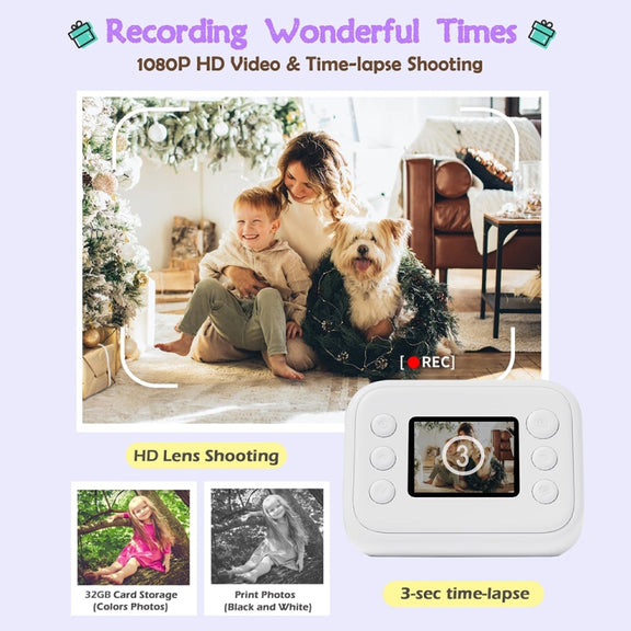 2.0-Inch LED Flash 1080P HD Recording Photo Printing Camera With 3-Rolls Paper, Color: White+32G