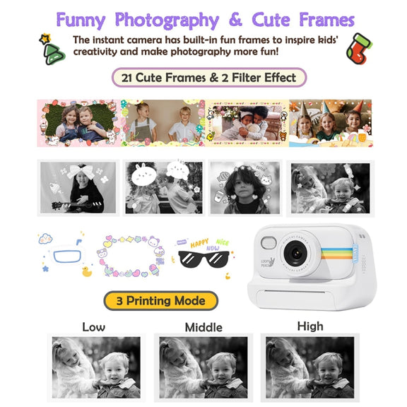 2.0-Inch LED Flash 1080P HD Recording Photo Printing Camera With 3-Rolls Paper, Color: White