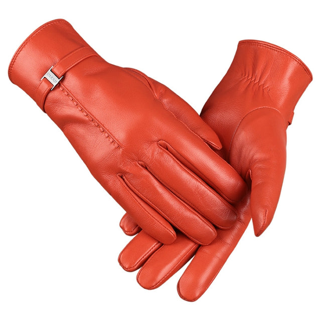 OZERO Women Sheepskin Warm Gloves with Fleece Lining Split Finger Elasticated Gloves, Size: M(Orange Red)