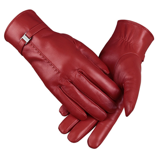 OZERO Women Sheepskin Warm Gloves with Fleece Lining Split Finger Elasticated Gloves, Size: L(Red)
