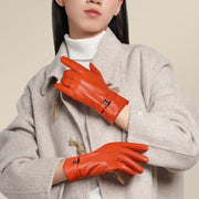 OZERO Women Sheepskin Warm Gloves with Fleece Lining Split Finger Elasticated Gloves, Size: M(Red Coffee)