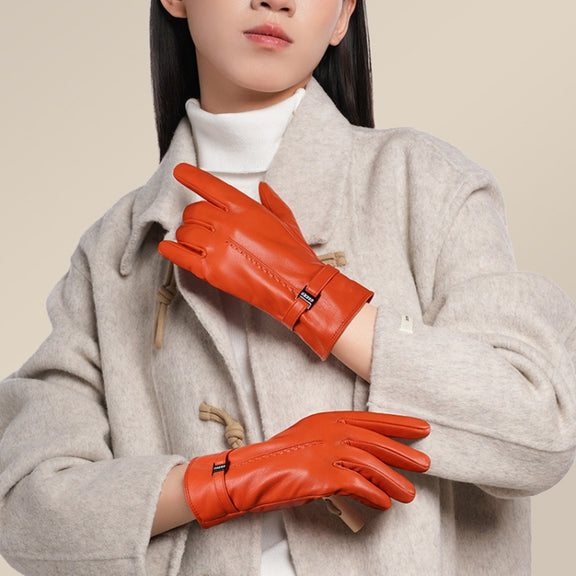 OZERO Women Sheepskin Warm Gloves with Fleece Lining Split Finger Elasticated Gloves, Size: M(Red Coffee)