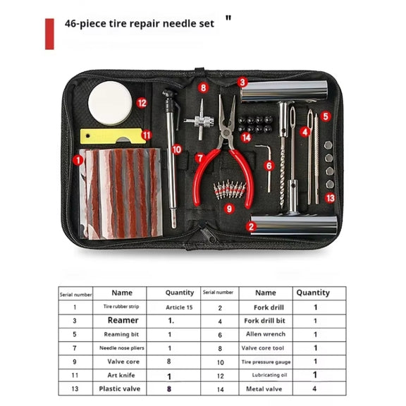 46pcs /Set Car Tubeless Tire Repair Needle Rubber Strip Valve Tip Needle-nosed Pliers Tool Set(With Bag)