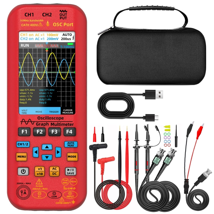 BSIDE O9 Digital Handheld Dual Channel 50MHz Oscilloscope Signal Source Multimeter, Spec: With Dual Oscilloscope Probe (Red) - Digital Multimeter by BSIDE | Online Shopping South Africa | PMC TechLife | Buy Now Pay Later Mobicred