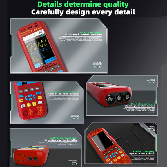 BSIDE O9 Digital Handheld Dual Channel 50MHz Oscilloscope Signal Source Multimeter, Spec: With Dual Oscilloscope Probe (Red)