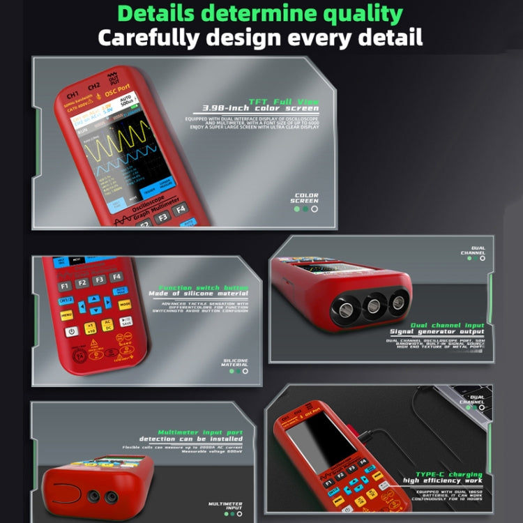 BSIDE O9 Digital Handheld Dual Channel 50MHz Oscilloscope Signal Source Multimeter, Spec: With Dual Oscilloscope Probe (Red)