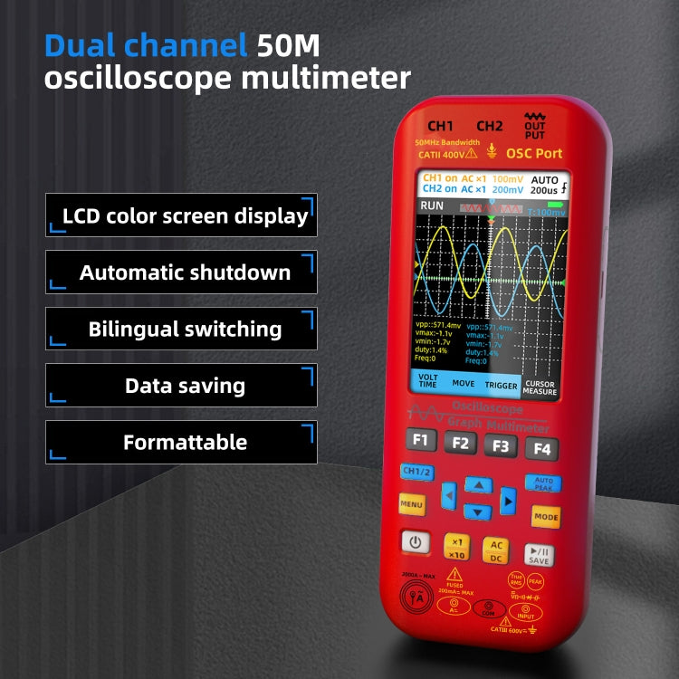 BSIDE O9 Digital Handheld Dual Channel 50MHz Oscilloscope Signal Source Multimeter, Spec: With Dual Oscilloscope Probe (Red) - Digital Multimeter by BSIDE | Online Shopping South Africa | PMC TechLife | Buy Now Pay Later Mobicred