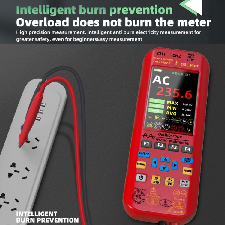 BSIDE O9 Digital Handheld Dual Channel 50MHz Oscilloscope Signal Source Multimeter, Spec: With Dual Oscilloscope Probe (Red)