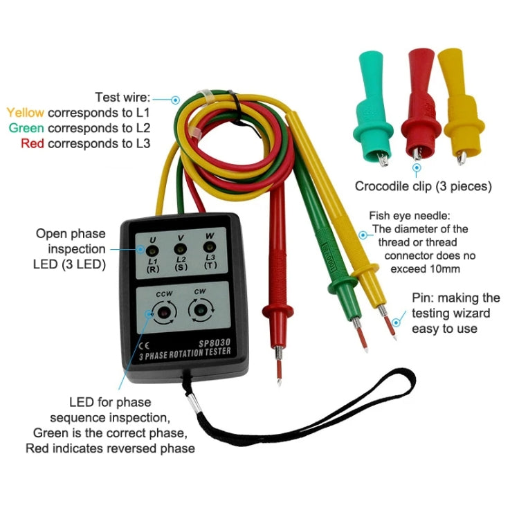 SP8030 3 Phase Alternating Current Phase Meter Phase Detector Rotation Tester Indicator Digital Phase-Order Indicator - Digital Multimeter by PMC Jewellery | Online Shopping South Africa | PMC Jewellery | Buy Now Pay Later Mobicred