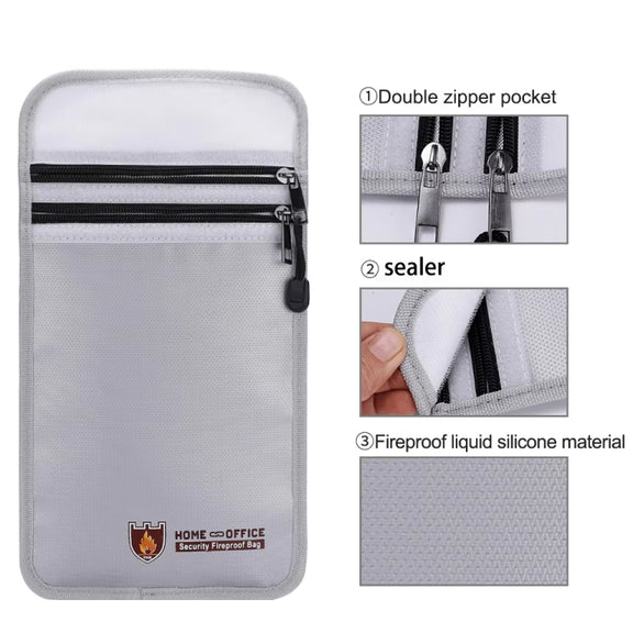 Double Zipper Pockets Fireproof Document Bag Valuables Storage Pouch 10.6x6.9 Inch
