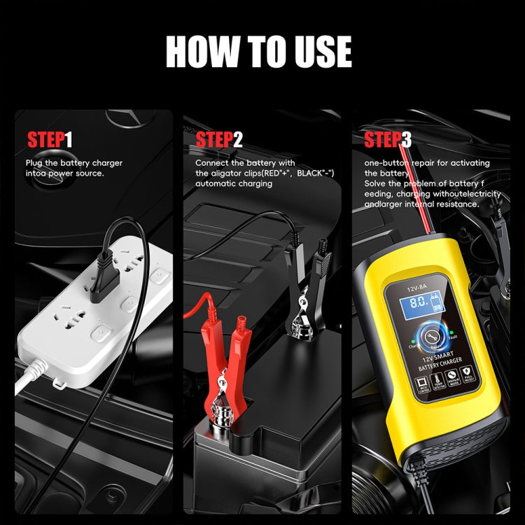 FOXSUR 12V8A SUV Car Motorcycle Intelligent Repair Type Lead-acid Battery Charger(EU Plug)