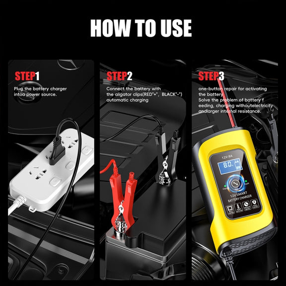 FOXSUR 12V8A SUV Car Motorcycle Intelligent Repair Type Lead-acid Battery Charger(US Plug)