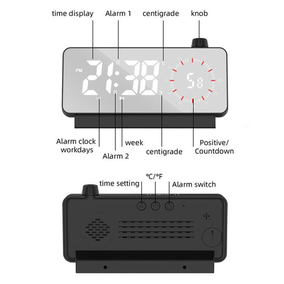 Multi-Functional LED Screen Mirror Charging Alarm Clock Reminder Visual Timer(Black)