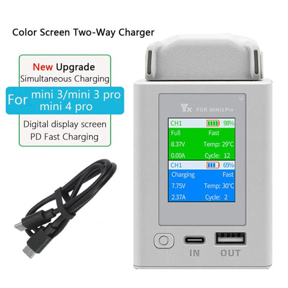 For DJI Mini 4 Pro / Mini 3 Pro / Mini 3 YX Color Screen Dual-way Charger Battery Manager With 65W EU Plug