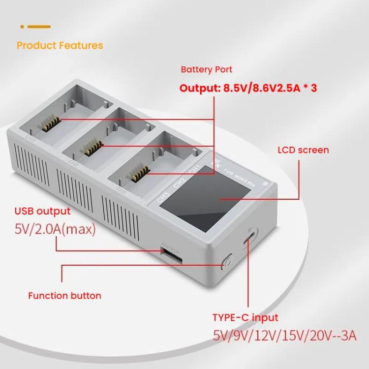 For DJI Mini 4 Pro / Mini 3 Pro / Mini 3 YX Color Screen 3-Way Charger Battery Manager Without Plug