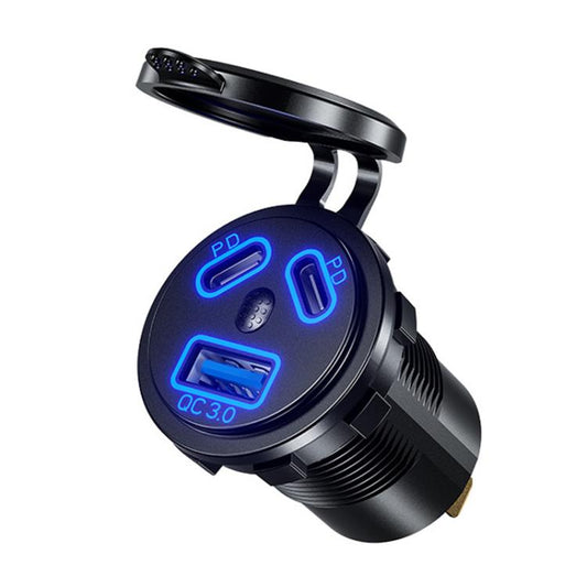 Kewig P22A 12-24V Vehicle Motorcycle Boat Modified Dual PD+QC3.0 3-Port Car Charger With Switch, Style: With Terminal(Blue Light) - Car Charger by Kewig | Online Shopping South Africa | PMC Jewellery | Buy Now Pay Later Mobicred