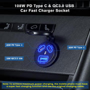 Kewig P22A 12-24V Vehicle Motorcycle Boat Modified Dual PD+QC3.0 3-Port Car Charger With Switch, Style: With Terminal(Blue Light)