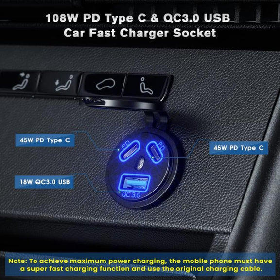 Kewig P22A 12-24V Vehicle Motorcycle Boat Modified Dual PD+QC3.0 3-Port Car Charger With Switch, Style: With Terminal(Blue Light)