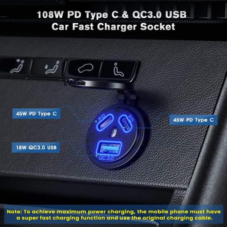 Kewig P22A 12-24V Vehicle Motorcycle Boat Modified Dual PD+QC3.0 3-Port Car Charger With Switch, Style: With Terminal(Blue Light)
