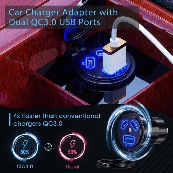 Kewig P22A 12-24V Vehicle Motorcycle Boat Modified Dual PD+QC3.0 3-Port Car Charger With Switch, Style: With Terminal(Blue Light)