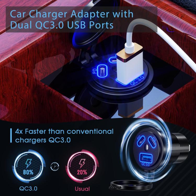 Kewig P22A 12-24V Vehicle Motorcycle Boat Modified Dual PD+QC3.0 3-Port Car Charger With Switch, Style: With Terminal(Blue Light)