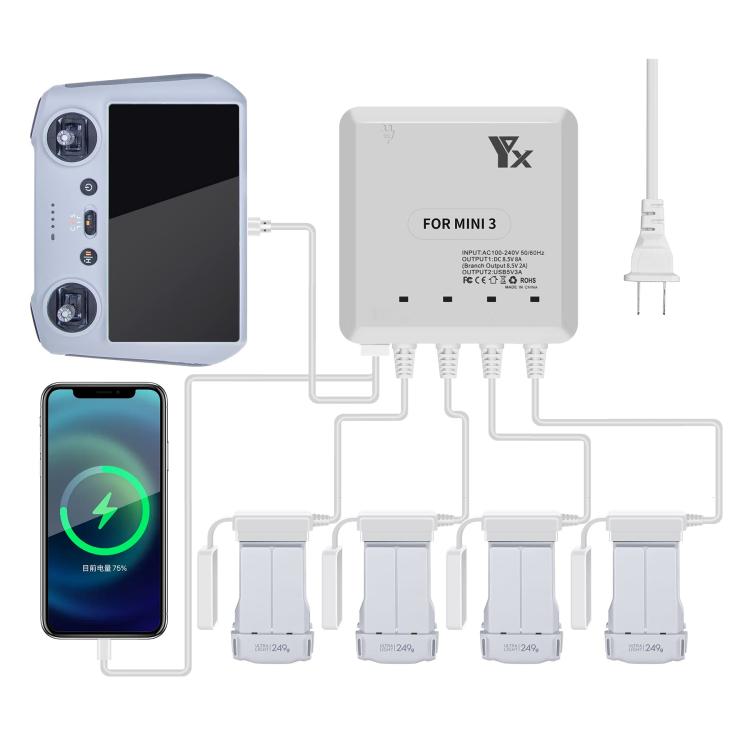 For DJI Mini 4 Pro / Mini 3 Pro / Mini 3 Drone YX 4-way Charger Battery Butler AU Plug