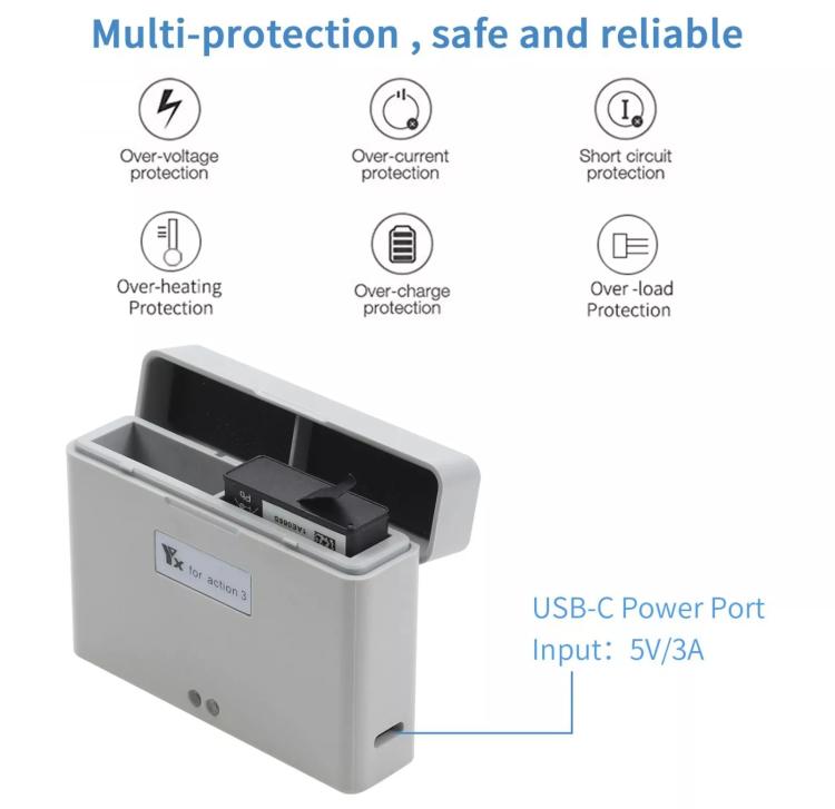 For DJI Action 3 / Action 4 Camera YX 2-Way Charger Battery Manager(Gray)