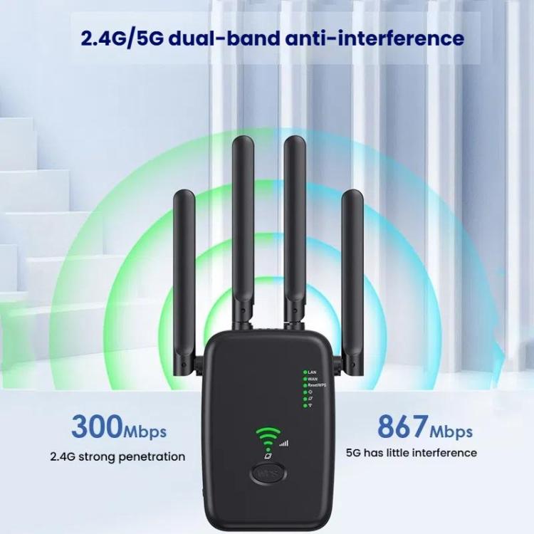 Urant U11 1200Mbps 2.4G&5.8G Wireless Repeater WiFi Signal Amplifier Support WPS Quick Setting UK Plug Black
