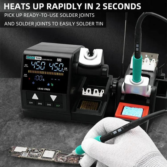SUGON T60+210 Handle+I/K/IS Tips x 3 Precision Soldering Station Soldering Iron Set Cell Phone Repair Soldering Tool(US Plug)