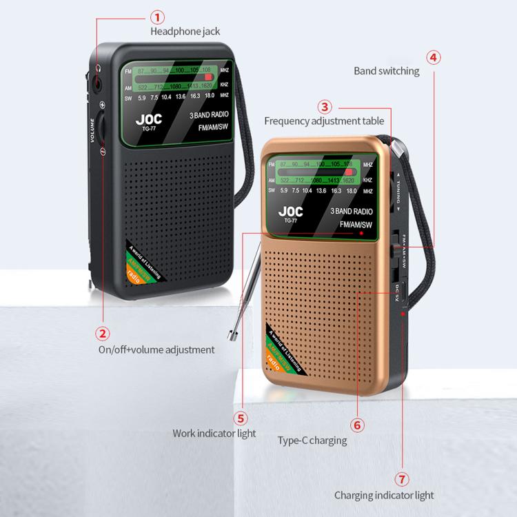 JOC TG-77 Mini FM / AM / SW Portable Full-Band Full-Channel Radio(Gold) - Radio Player by JOC | Online Shopping South Africa | PMC Jewellery | Buy Now Pay Later Mobicred