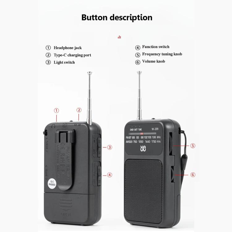 W-209 Mini Portable Rechargeable / Battery Dual-mode Powered Pointer FM Radio with Flashlight(Black) - Radio Player by PMC TechLife | Online Shopping South Africa | PMC TechLife | Buy Now Pay Later Mobicred