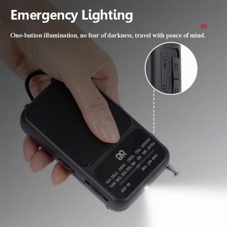 W-209 Mini Portable Rechargeable / Battery Dual-mode Powered Pointer FM Radio with Flashlight(Black) - Radio Player by PMC TechLife | Online Shopping South Africa | PMC TechLife | Buy Now Pay Later Mobicred