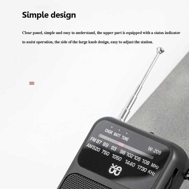 W-209 Mini Portable Rechargeable / Battery Dual-mode Powered Pointer FM Radio with Flashlight(Black) - Radio Player by PMC TechLife | Online Shopping South Africa | PMC TechLife | Buy Now Pay Later Mobicred